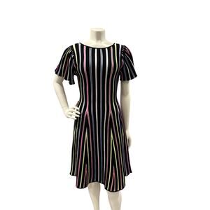 Milly Rainbow Knit V-neck, Fit In Flare Dramatic Striped Stretchy Dress Sz Small